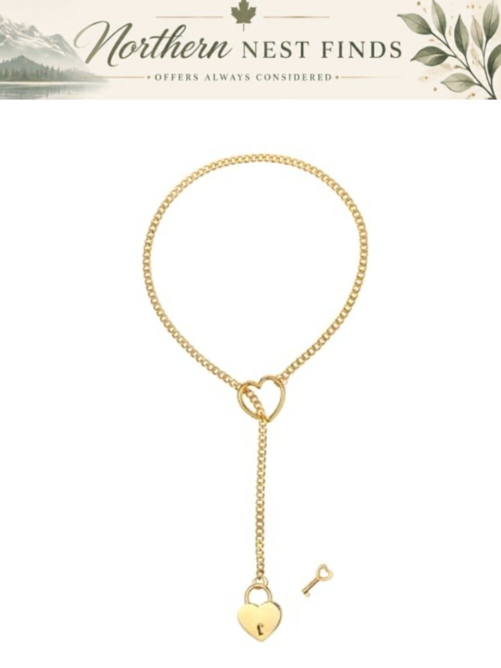 Stainless Steel Heart Lock Key Lariat Y Necklace Cuban Chain Adjustable